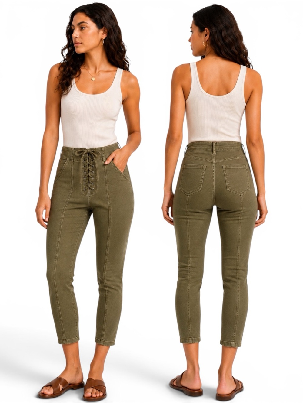 A.L.C Army Green Lace‎ Up Corset Capri Pants Boho Y2K Size 2